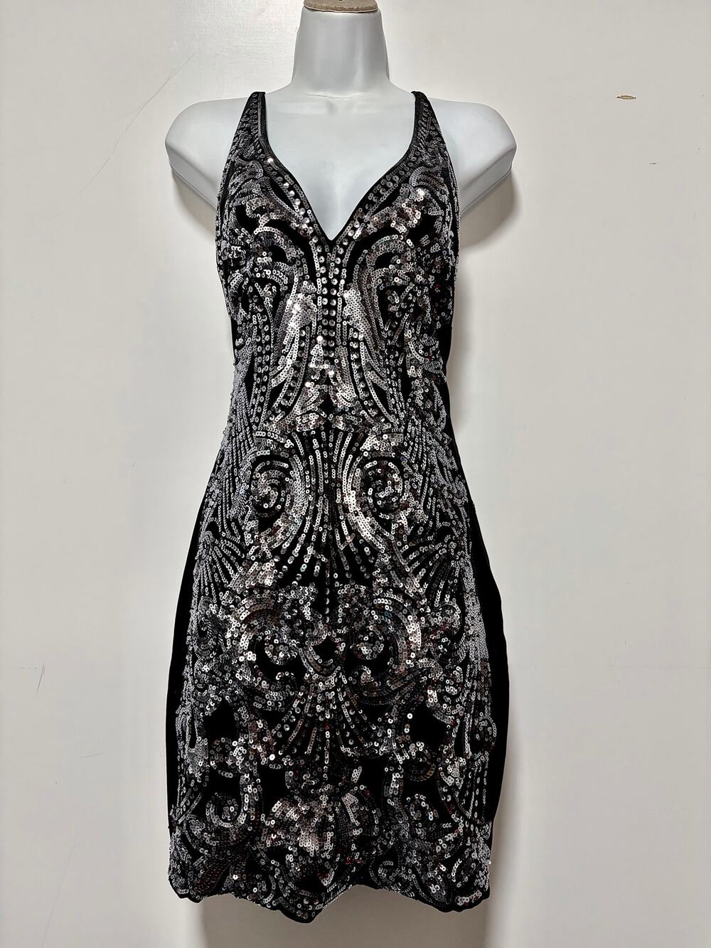 Express Black Velvet Silver Sequin Mini Dress – Strappy Back Womens Size S